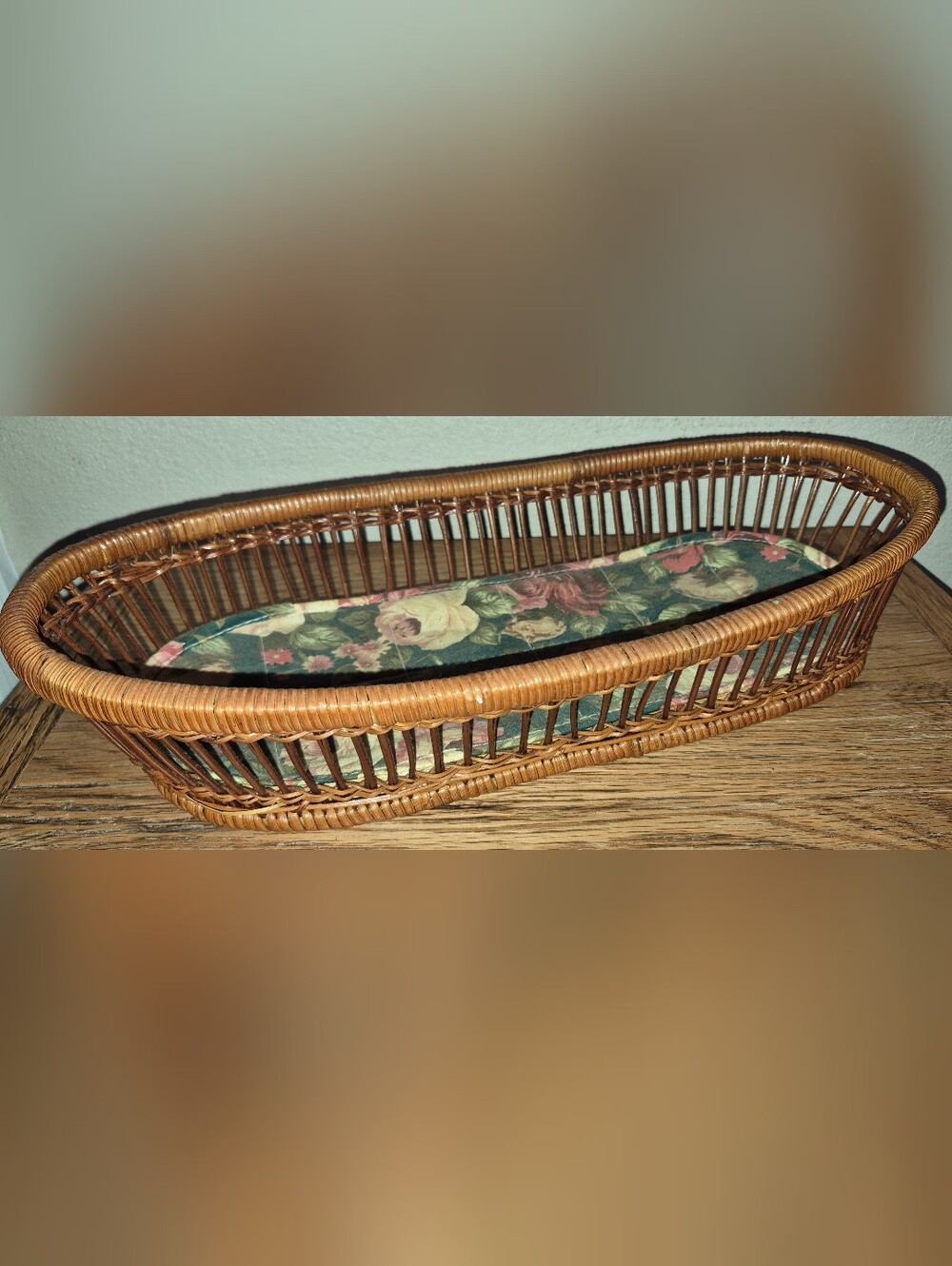 Vintage Oval Woven Wicker & rattan bread basket W/ Floral Fabric Liner